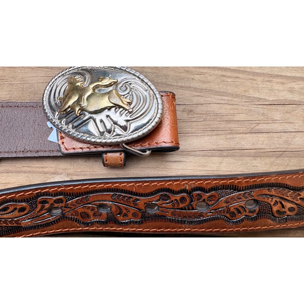 Nocona Belt Co Brown Tooled Leather Western Bull Rider Trophy Buckle Belt 28 - Picture 3 of 7